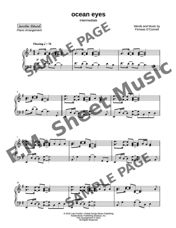 Ocean Eyes Intermediate Piano By Billie Eilish Fm Sheet Music Pop Arrangements By 8580